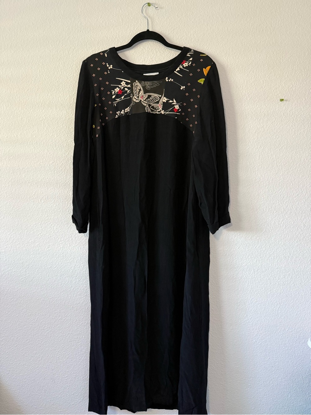 YASUKO KiMONO 100% Silk Black Embroidered Butterfly Maxi Dress Size M V1